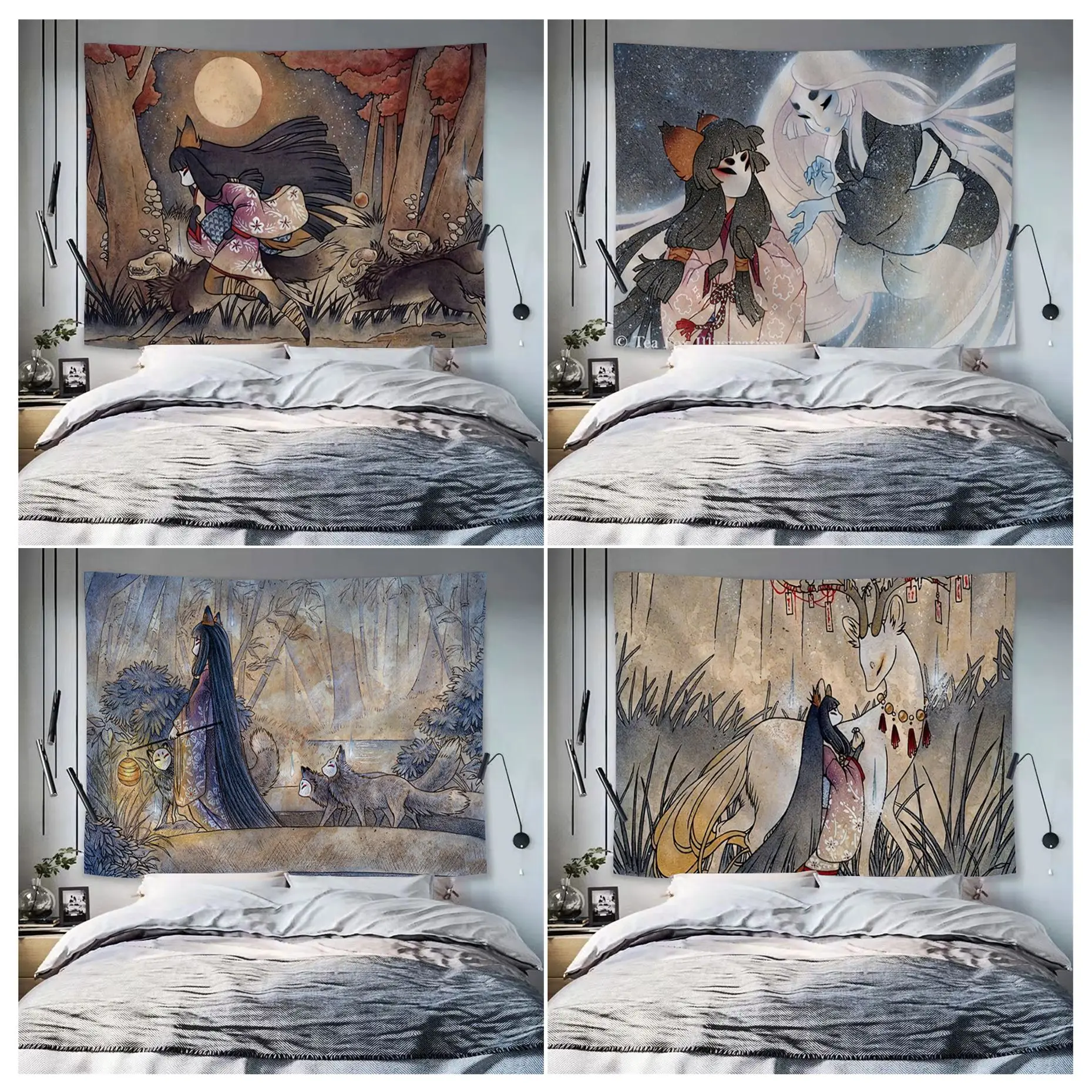 Anime Running With Monsters Kitsune Fox Yokai Colorful Tapestry Wall Hanging Art Science Fiction Room Home Decor  Wall Hanging