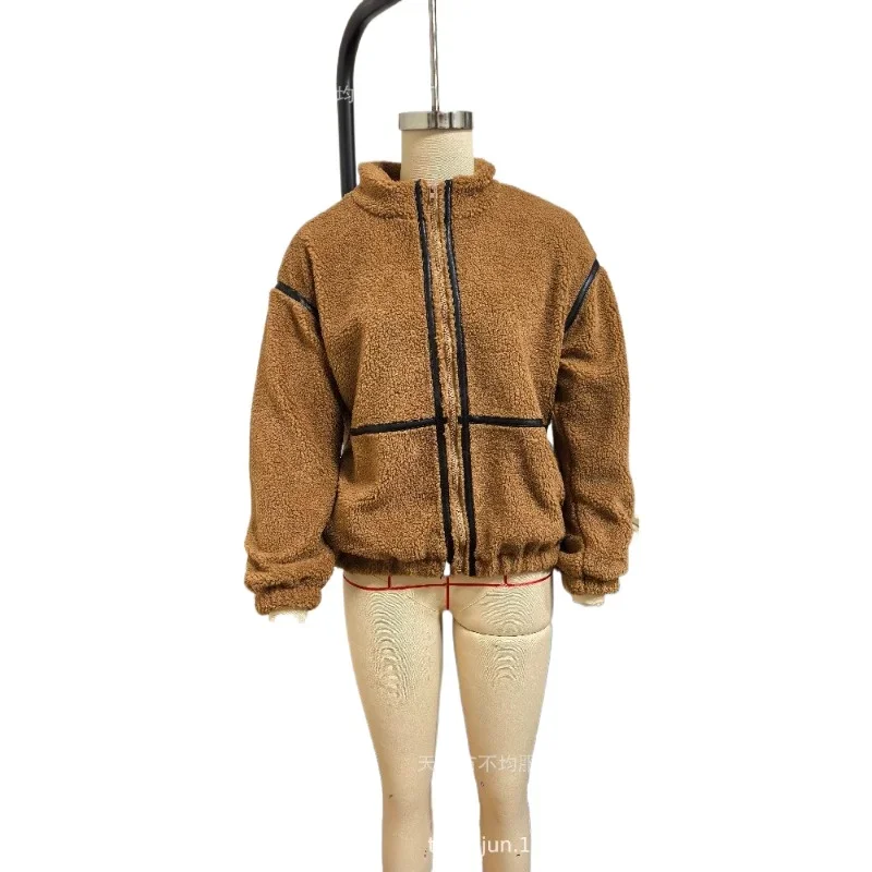 Cross-border Women's Clothing Autumn and Winter Contrasting Lamb Wool Zipper Warm Plush Jacket Europe and America Foreign Trade