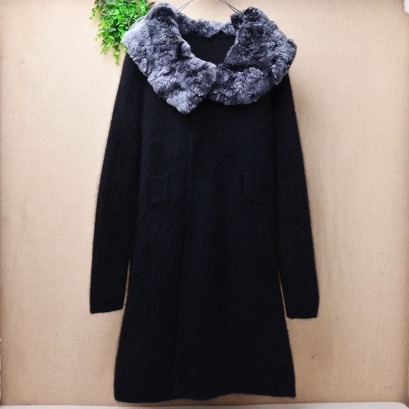 ladies women autumn winter clothing black hairy angora rabbit hair knitted fur collar slim cardigan mink fur jacket coat sweater