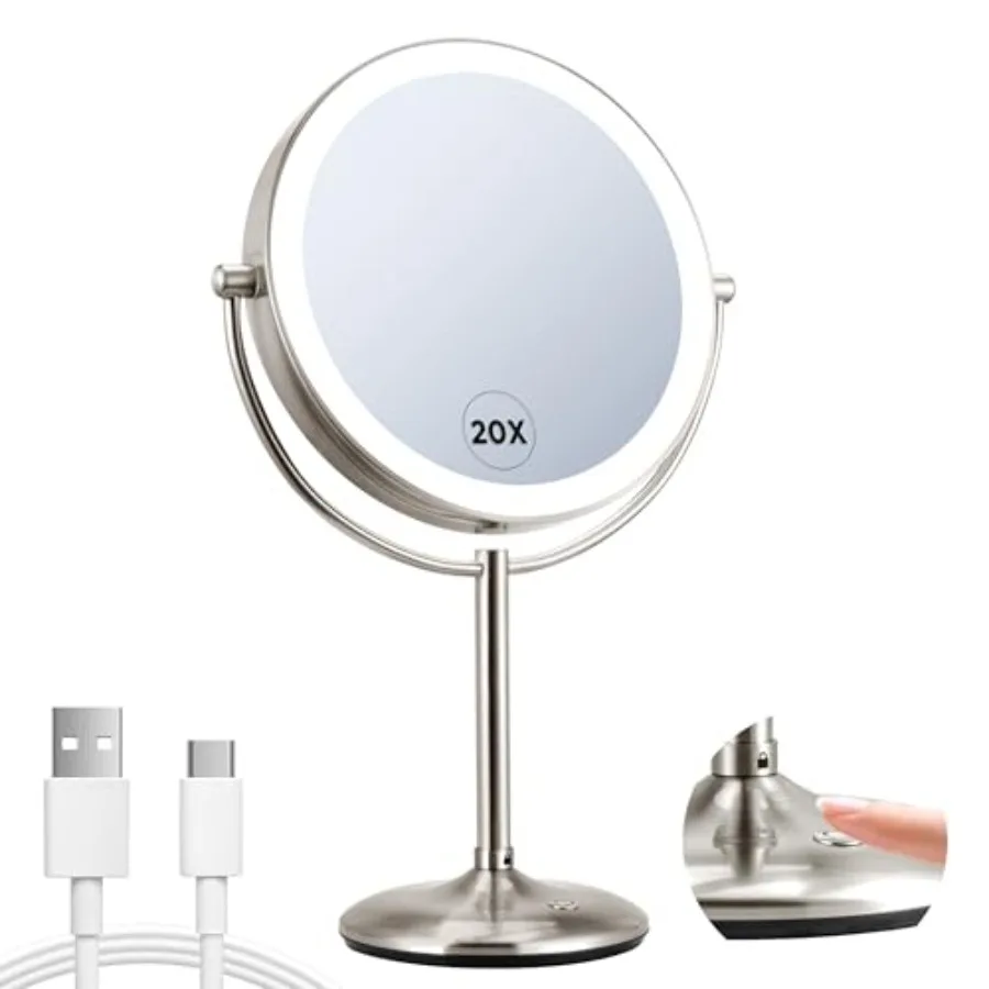 

9" Lighted Makeup Mirror 1X/20X Rechargeable Magnifying Mirror with 3 Color Dimmable Lights for Bedroom Tabletop Base Charging