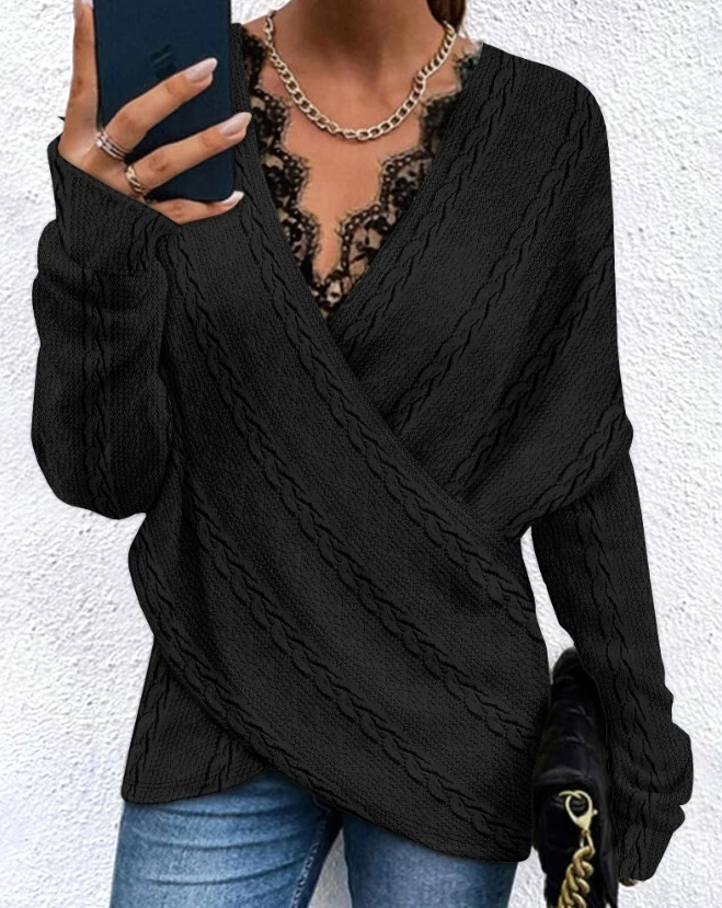 

Fashion Woman Blouse 2023 Autumn/winter New Casual Versatile Solid V-Neck Lace Trim Overlap Textured Top Temperament Commuting