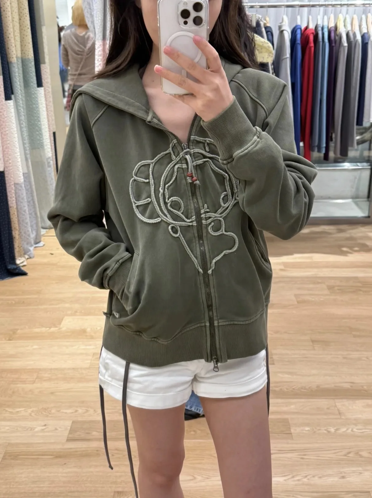 Casual Cartoon Doll 3D Embroidery Hooded Jacket Zipper Closure Cotton Long Sleeve Ladies Coat College Style Autumn Winter Out...