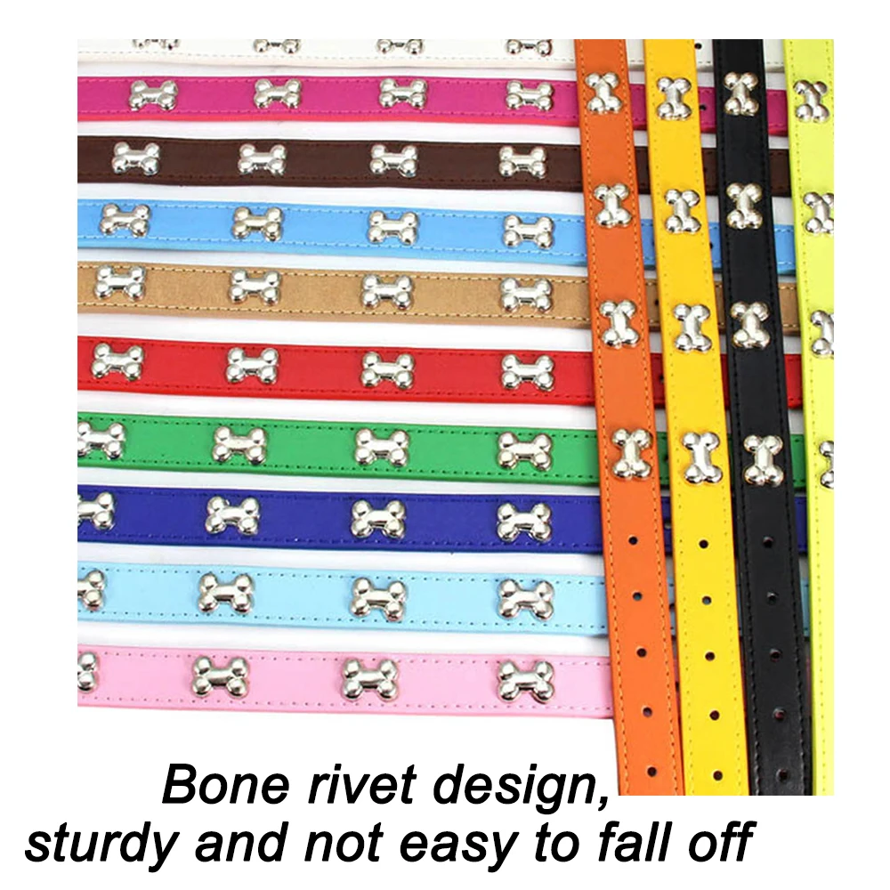 Leather Dog Collar Cute Bone Rivet Adjustable Durable D ring PU Leather Dog Collars for Small Large Dog Accessories Pug Collar