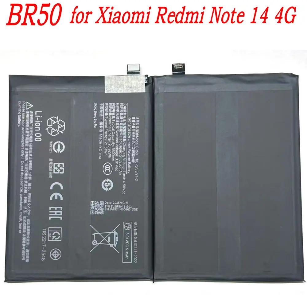 New 3.91V 5500mAh BR50 High Capacity Battery for Xiaomi Redmi Note 14 4G Mobile Phone 1ICP5/33/91-2