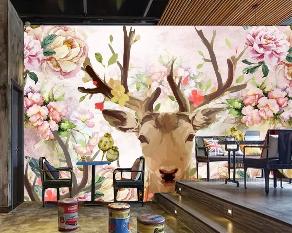 Custom wallpaper stereo TV background deer head pink white peony hand painted wallpaper Children's room background wall Mural