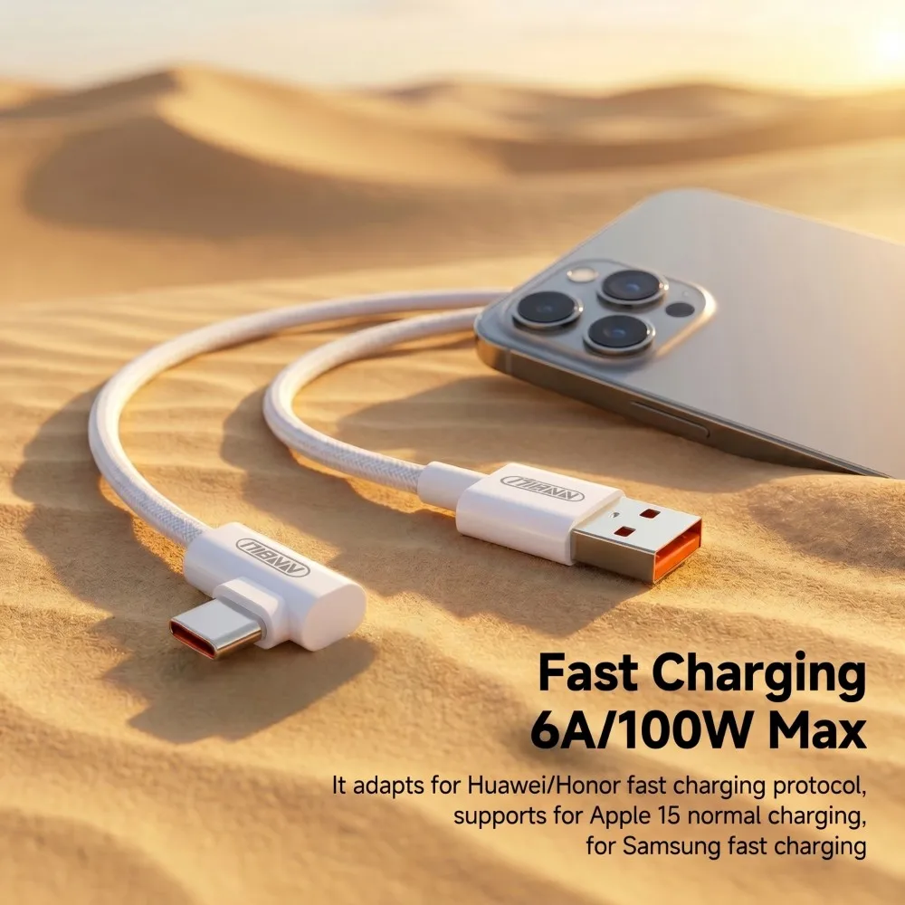 NNBILI 100W Elbow 90 Degree USB A to Type C Fast Charging Cable 6A USBC to USB C Data Cable For Huawei Samsung Iphone 17 16 Cord