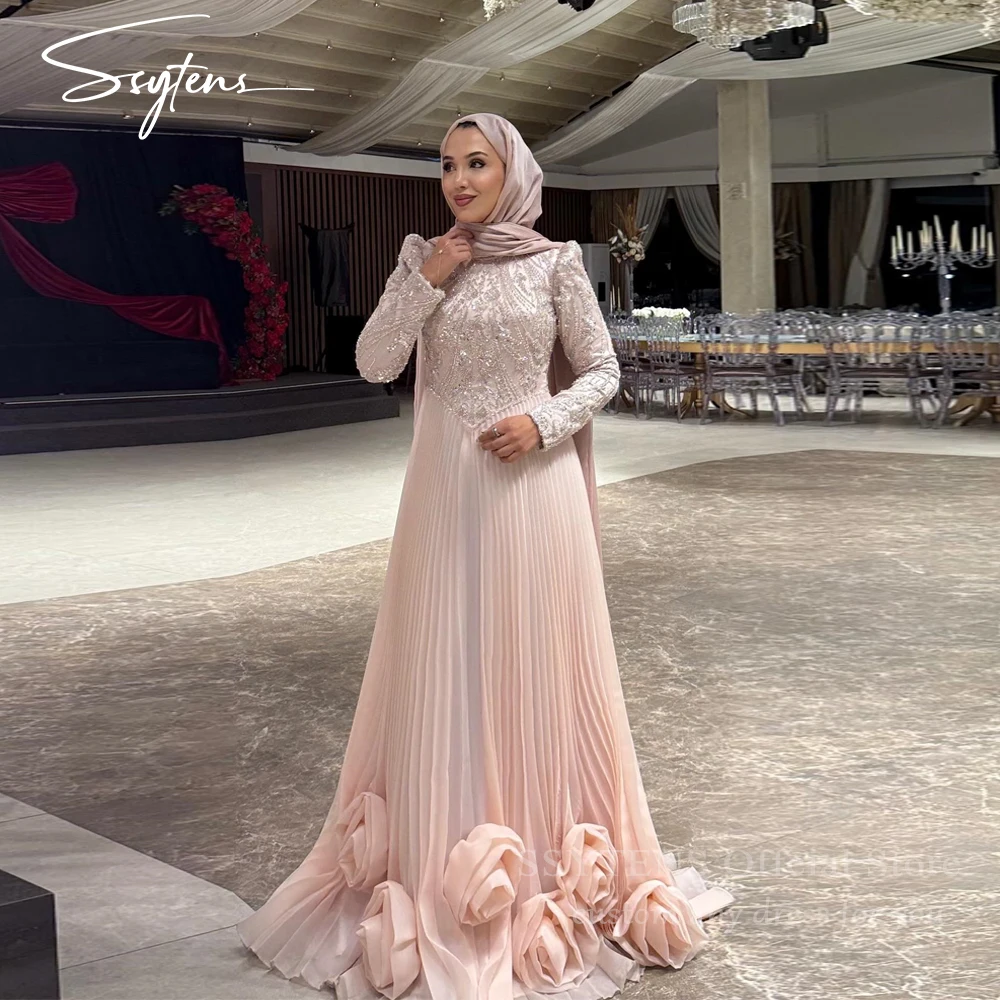 فساتين سهرة فاخرة من SSYTENS للنساء لحفلات الزفاف فساتين حفلات الضيوف الوردية الأورجانزا بأكمام طويلة للمناسبات الخاصة حسب الطلب