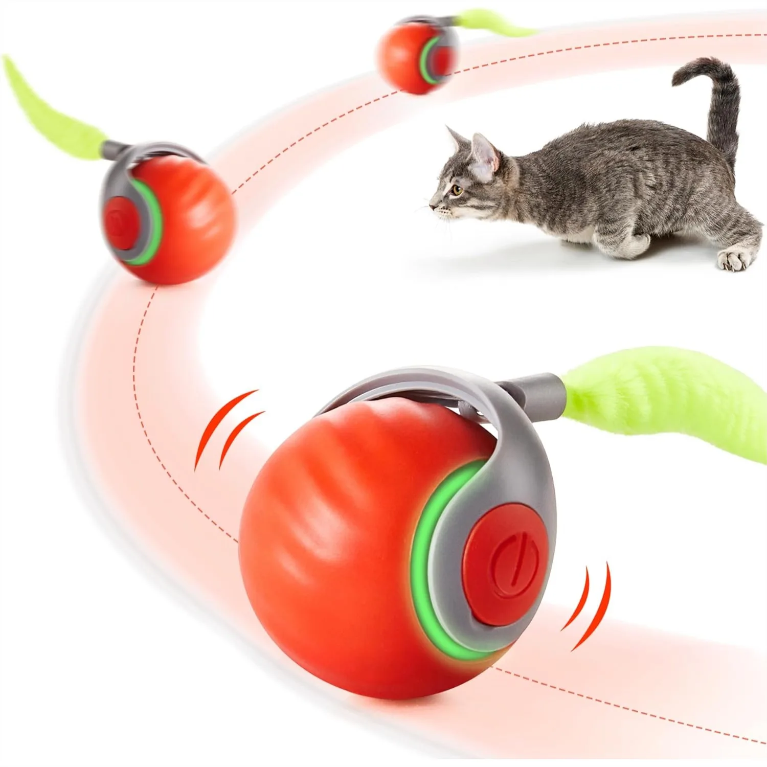 

Interactive Cat Toy with Feather Tail, Rechargeable Rolling Ball for Indoor Exercise, Smart Kitten Toy with 2 Speeds & Modes