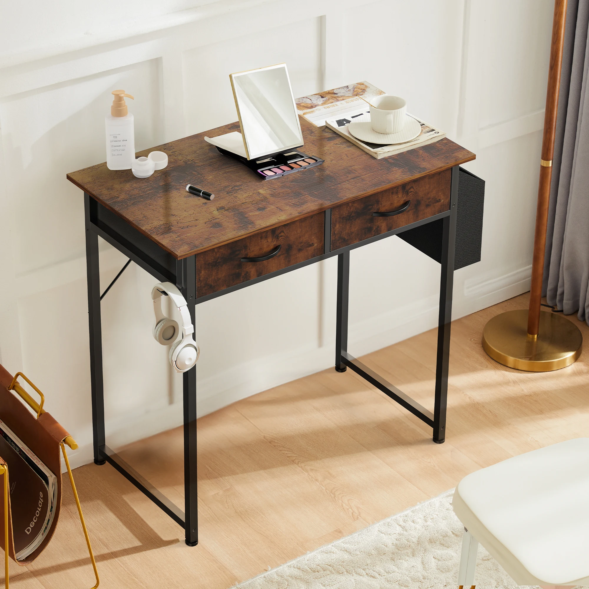 JHK Modern Office Computer Desk 32 Inch with Fabric Storage Drawers Space Side Bag Metal Frame Adjustable Feet For Home PC Table