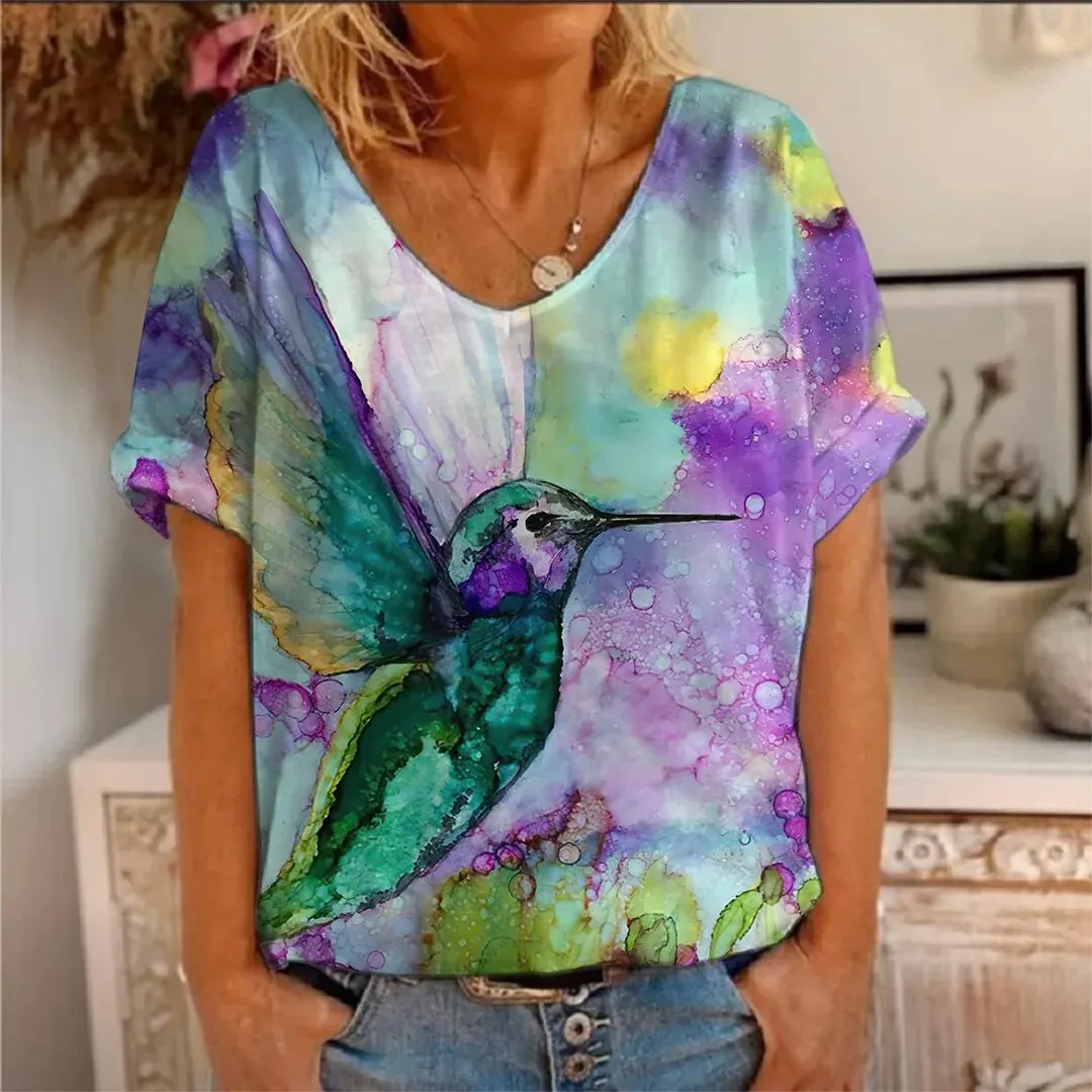 Summer Bird Hummingbird 3D Print T-shirts Women New Fashion Streetwear Short Sleeve V-Neck T Shirt Harajuku Tees Tops Clothing