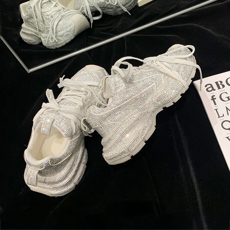 

Rhinestone Round Toe Platform Sneakers Heightening Splicing Lace-Up High-Heeled Casual Shoes Comfortable Soft Sole Women Flats