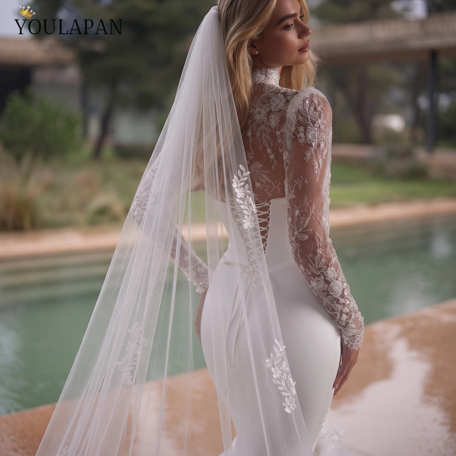 TOPQUEEN Floral Lace Embroidered Cathedral Bridal Veil Wedding Veil With Metal Comb Velo De Novia Customizable V104