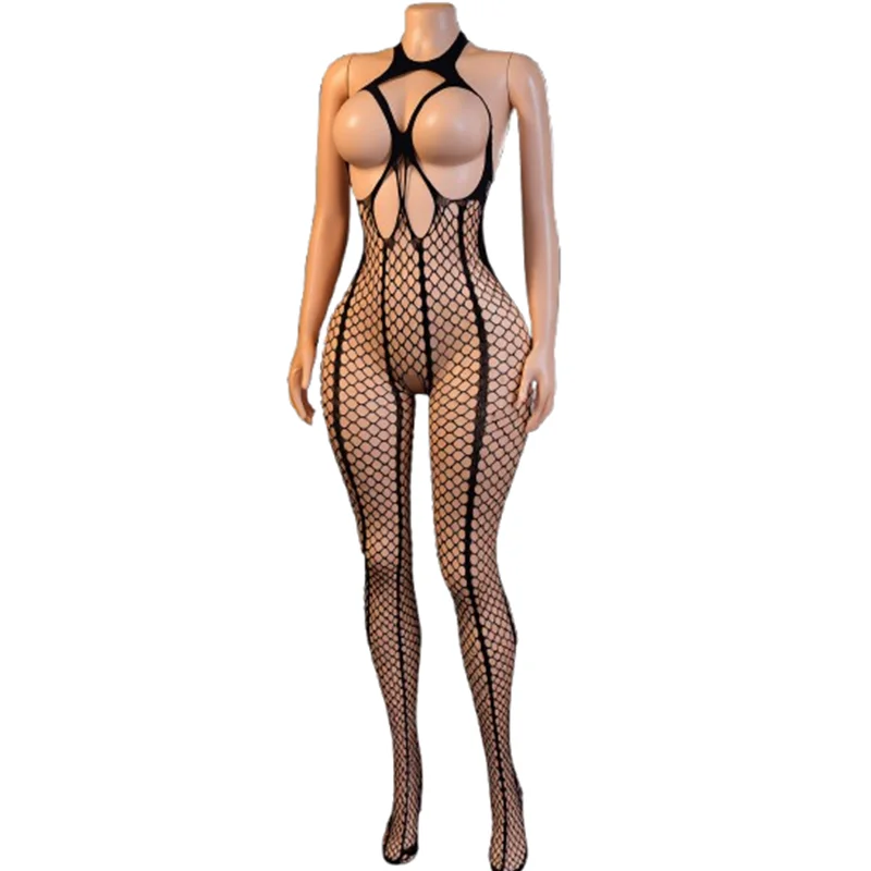 1 Sexy halter-neck, open-back fishnet bodysuit featuring vertical-striped sheer mesh; perfect for romantic, intimate parties.