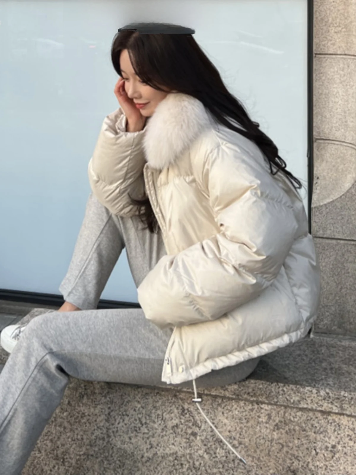 Winter Ort Down Jaet Damen 90er Weißer Du-Down-Echtpelzkragen, verdickte warme, lässige, lockere Oberbekleidung