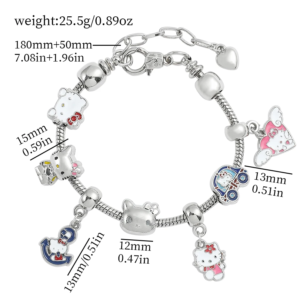 Kawaii Hello Kitty Bracelet Anime Sanrios Cute Figure Kitty White Beads Pendant DIY Bracelet Bangle Trend Jewelry Accessories