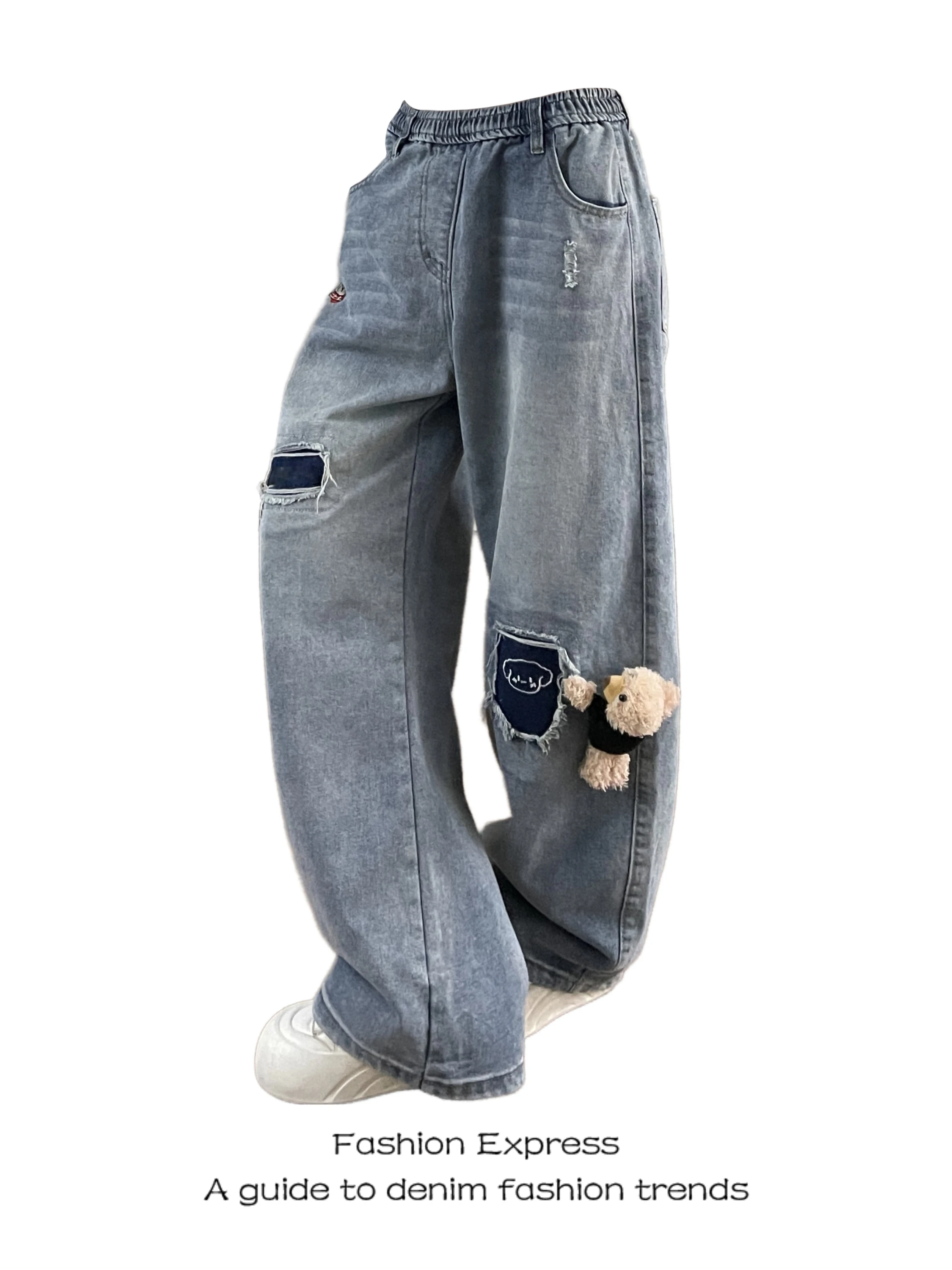 

Retro American Waed Denim Jeans Women's Elastic Waist Patchwork Bear Design Casual Loose Straight Leg Wide Leg Pants