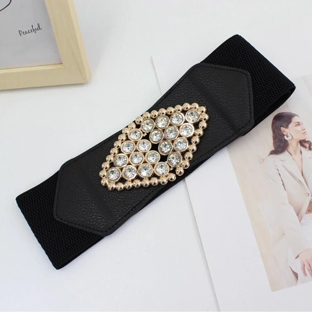 Comoda cintura di grandi dimensioni con fibbia in metallo Cintura larga nera con strass Cintura larga elastica da donna