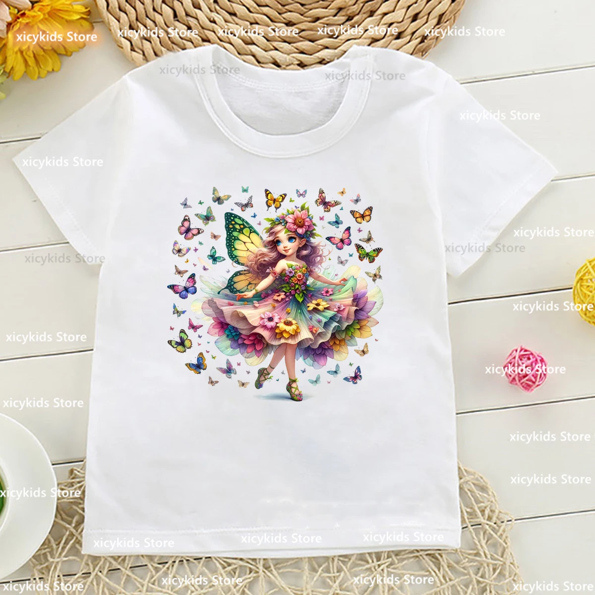 

Fairy Illustration Spring Butterfly Fairy Print Girl Tshirt Cute Baby Tshirt Fashion Girl Pink Clothes Summer Short sleeved Top