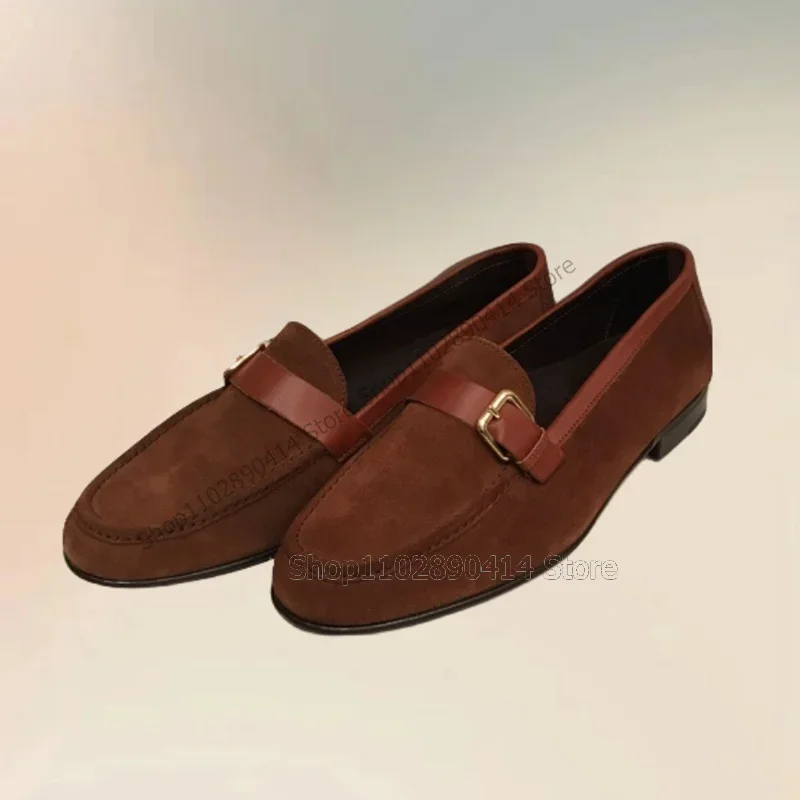 รองเท้าโลฟเฟอร์แบบสวมผู้ชาย ดีไซน์หัวเข็มขัดเย็บสีน้ำตาล แฟชั่นหรูหรา ทำมือ เหมาะสำหรับงานปาร์ตี้ งานเลี้ยง รองเท้าลำลองผู้ชาย
