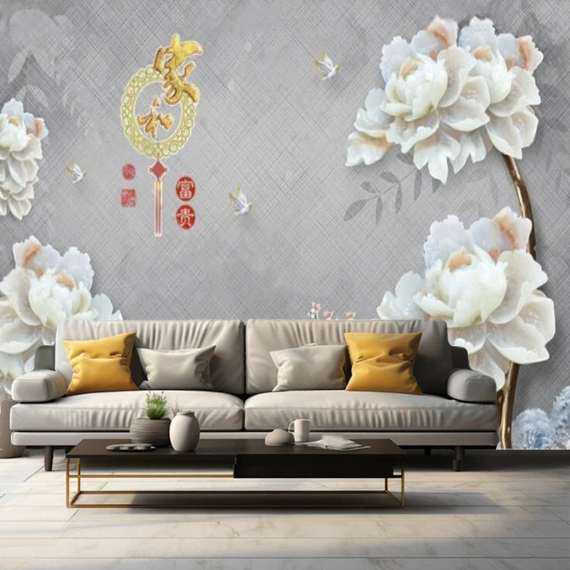 Modern Fashion Jade Carving Peony Flower Elk And Leaf Decorative Painting For Romantic And Luxurious Living Room Background Wall