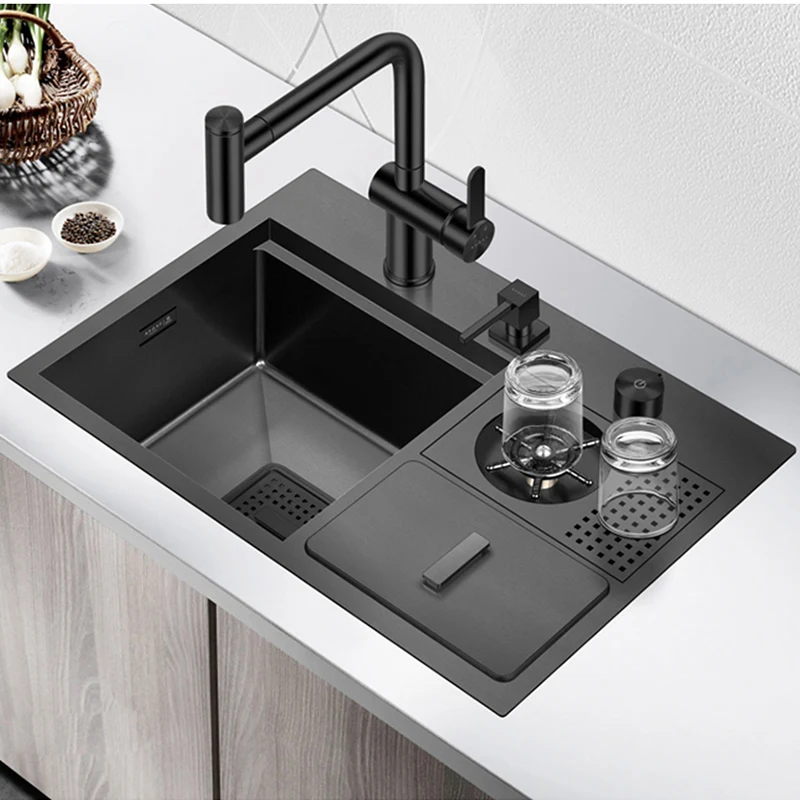 ASRAS 304 Stainless Steel New Nanometer Black Hidden Sink Cup Rinser Hidden Sink 4mm Thickness Handmade Sinks With Trash Can