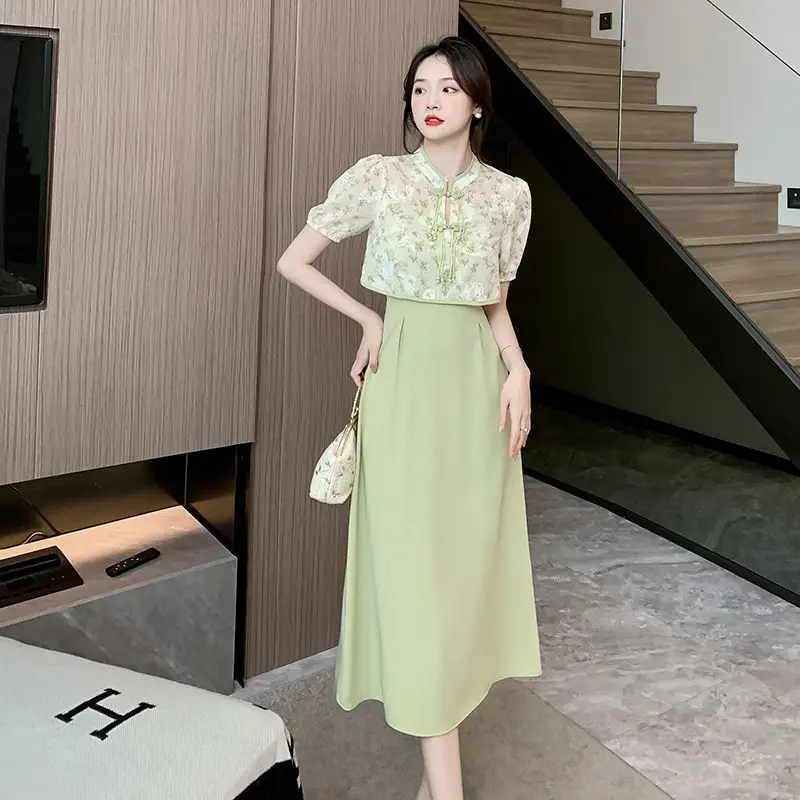 Hanging Strap Dress, Chiffon Printed Top, Two-piece Set, Improved Buckle, New Chinese Style, Artistic