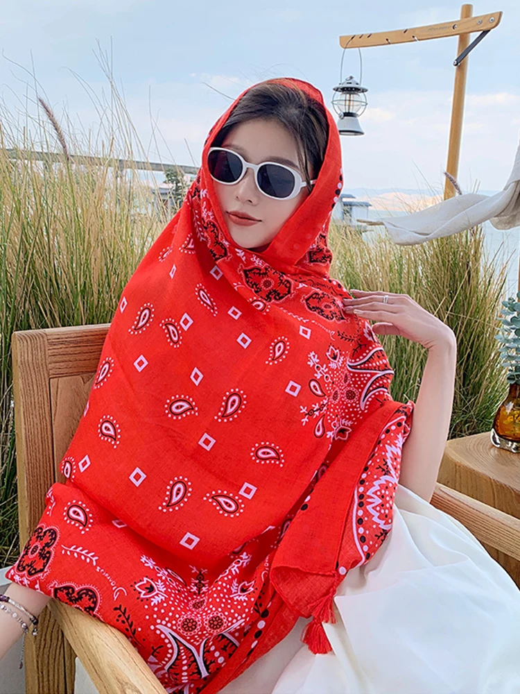 Summer Elegant Women Silk Scarf Beach Long Wrap Shawl Vintage Red Print Lady Sunscreen Bandana Hijab Mujer Bohemian Scarve Pareo