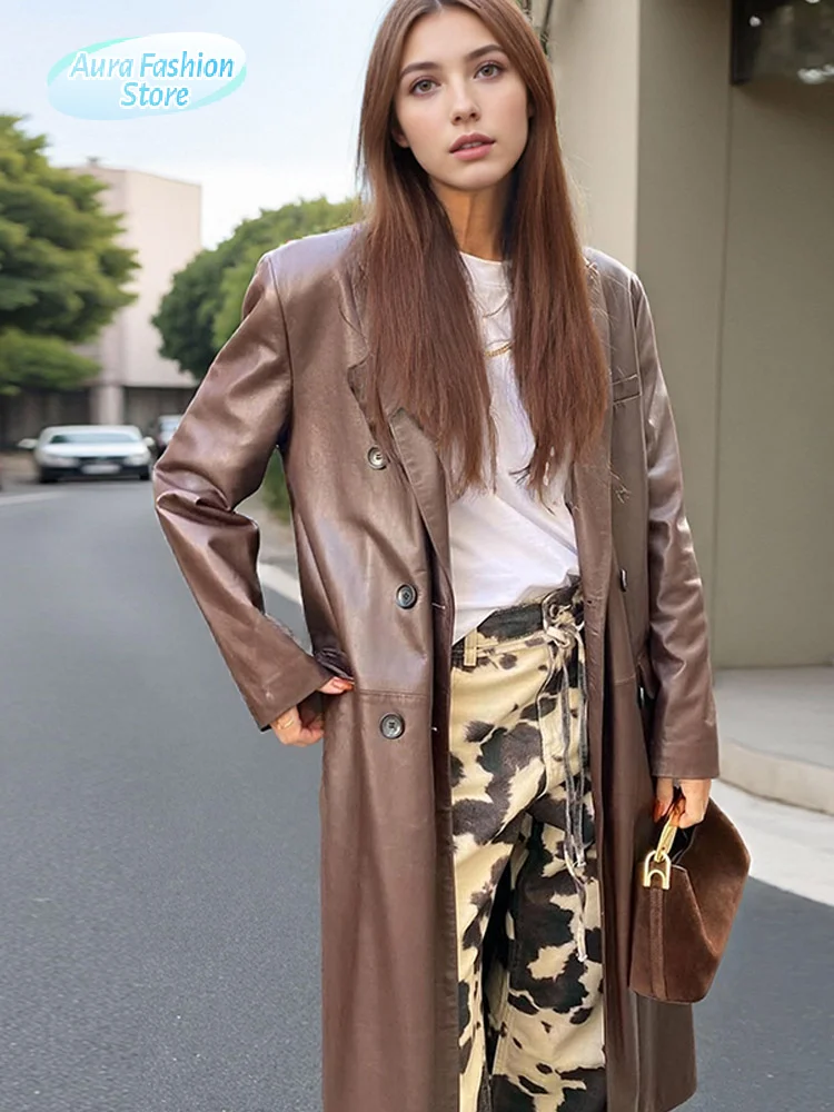 

Vintage Leather Long Jackets Women's Fashion Long Sleeve Lapel Neck Single Breasted Pocket Coats 2025 Autumn Lady Street Outwear
