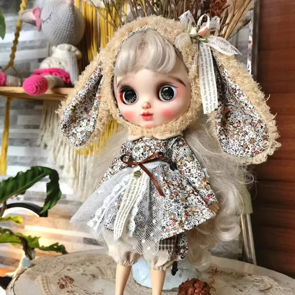 Boneca artesanal saia vestido com orelha grande chapéu de coelho boneca vestido estampado floral para blythes ymy licca azones ob24 ob27 fr boneca