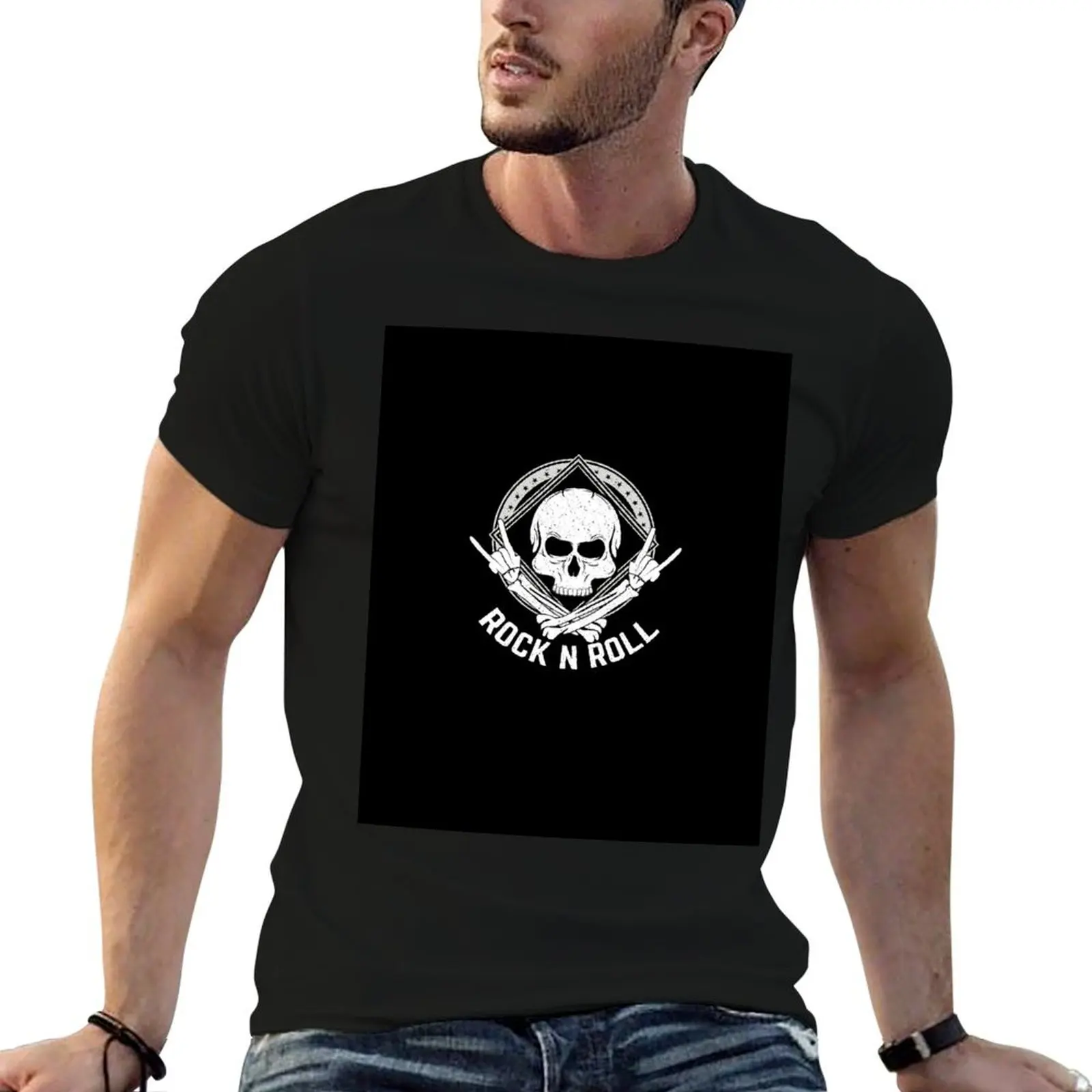 

Rock N Roll with Skull and Bones T-Shirt printed t shirts for man man t shirt graphic T-Shirt