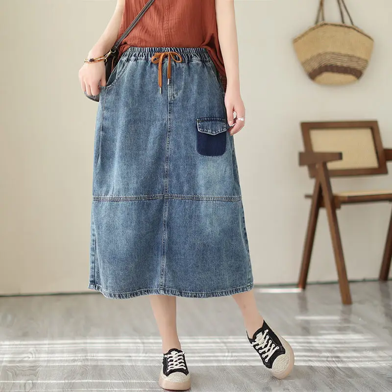 

Retro Large Size Denim Skirt Women 2023 Spring Summer Loose Casual Stitching Vintage Pocket A-Line Skirt Saia Jeans Midi Z644