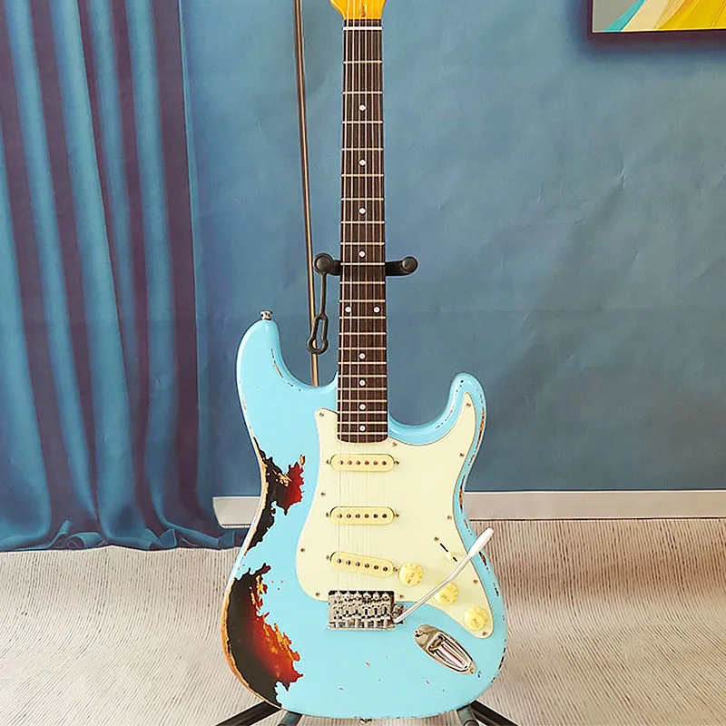 Local Warehouse, Blue Aged‑Finish Electric Guitar, Double‑Locking Tremolo System, Maple Neck, SSS Pickup Configuration, Rock‑Oriented, Right‑Handed Model, Free Shipping