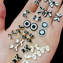 10PCS French Small Fragrance Nail Art Decorations Alloy Elegant Black White Craft Nail Charms Parts Camellia Bowtie Accessories