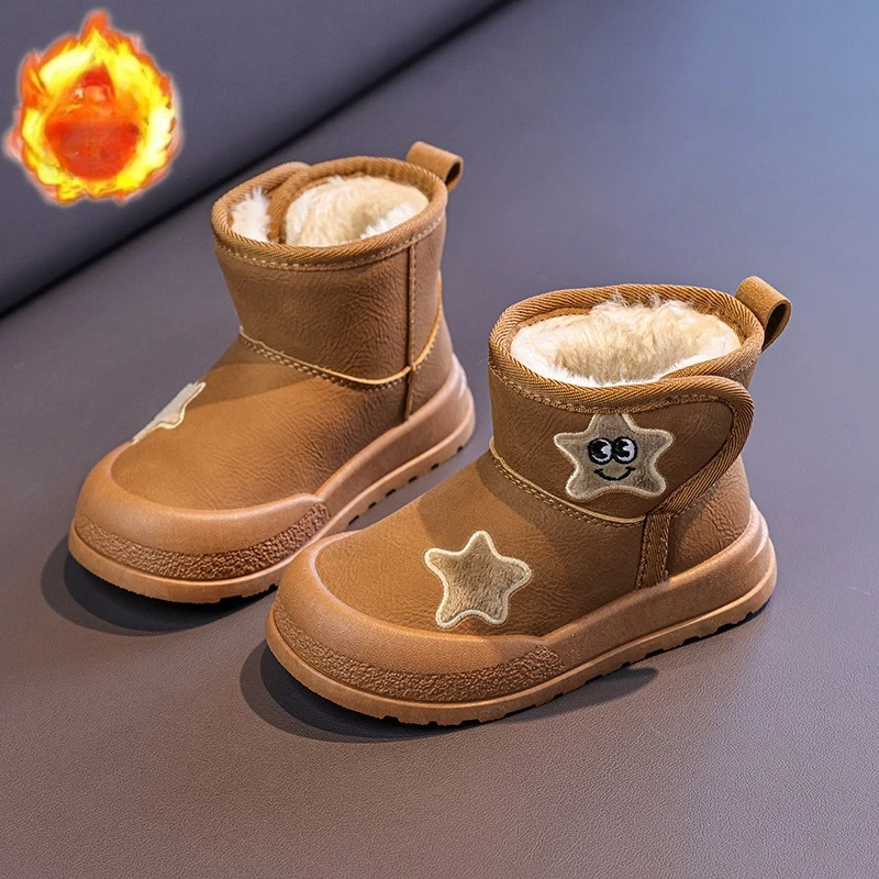 الأطفال أحذية بوت قصيرة أصابع توج لينة وحيد الاطفال الأحذية الجلدية هوك وحلقة 2025 شتاء جديد الفتيات حذاء من الجلد سميكة الفراء لطيف نجوم #6