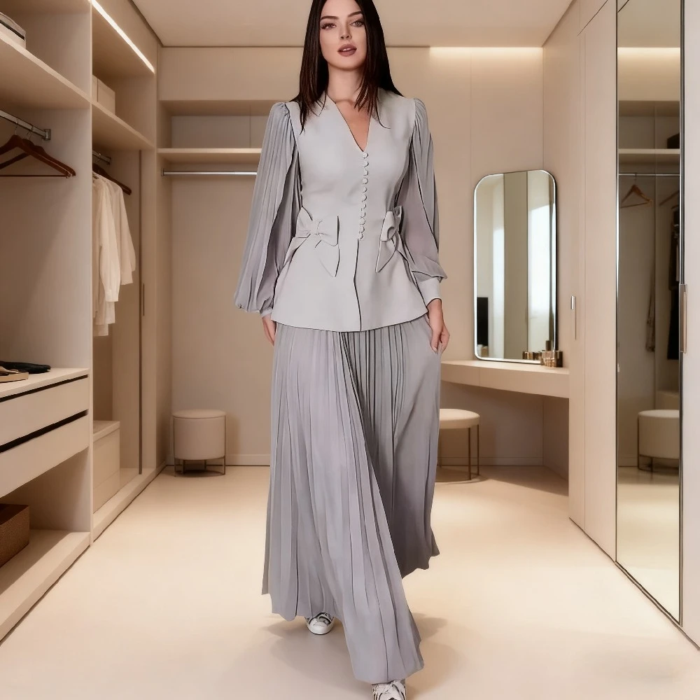Dubai Eid Women Set Button V Neck Shirt Skirt Muslim Sweet Musulman Ensembles 2 Piece Set Shirts Jalabiya Ramadan Arab Long 2025