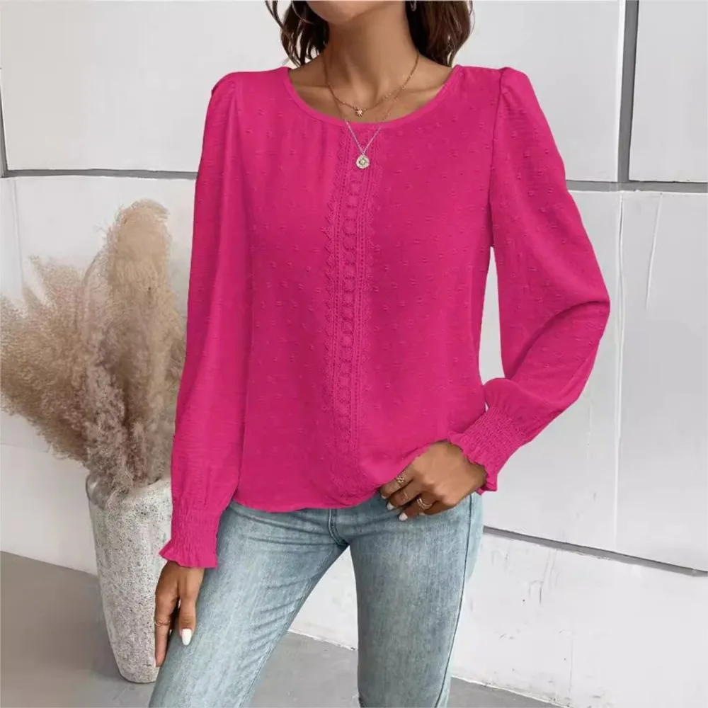 New Women\'s Round Neck Lace Patchwork Casual Solid Color Shirt 2024 Office Lady Orange Long-Sleeved Pullover Blouse Femme Blusas