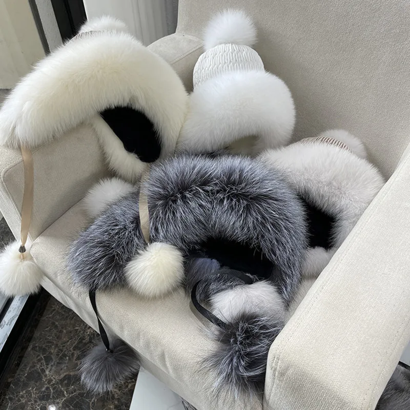Women Fashion Winter Fox Fur Hat Warm Windproof Ear Protection For Outdoor Skiing and Skating Cold Weather Winter Sports