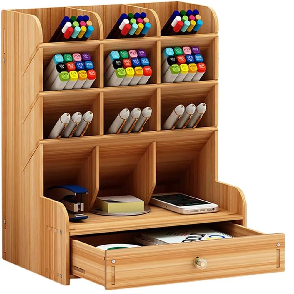 

Wooden Desk Organizer Pen Holder Storage Box Multi-Functional DIY Desktop Stationary Storage Rack for Home Office and School