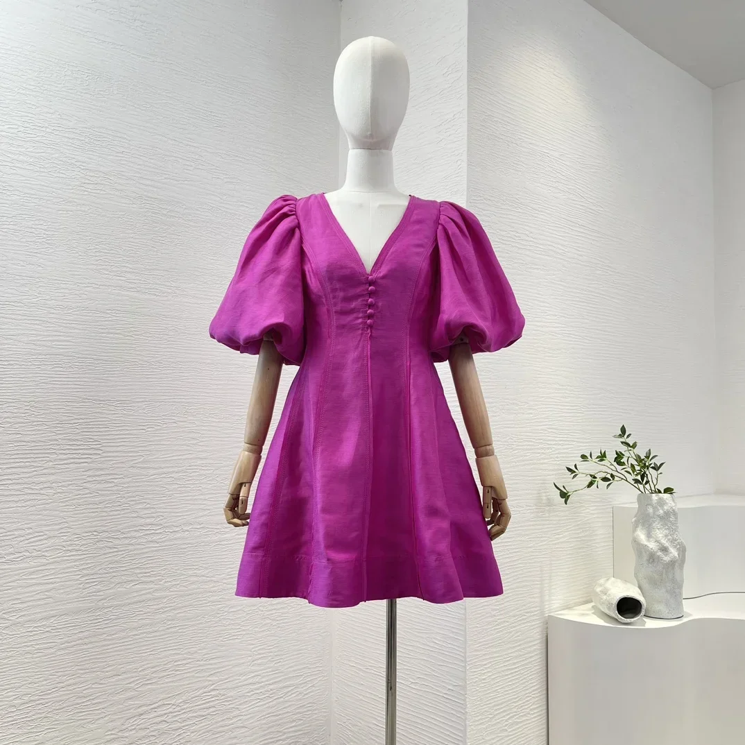 

Solid Rose Red 2024 Latest Collection Puff Short Sleeve V-neck A-line Folds Women Mini Dress