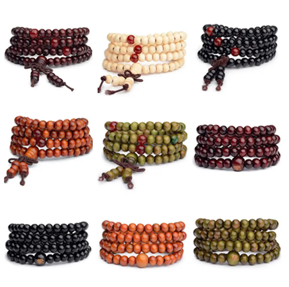 Sandalwood Small Buddha Bead Multi-layer Beaded Bracelet for Men and Women 6mm Buddhist Prayer Natural Wooden Rosary Jewelry