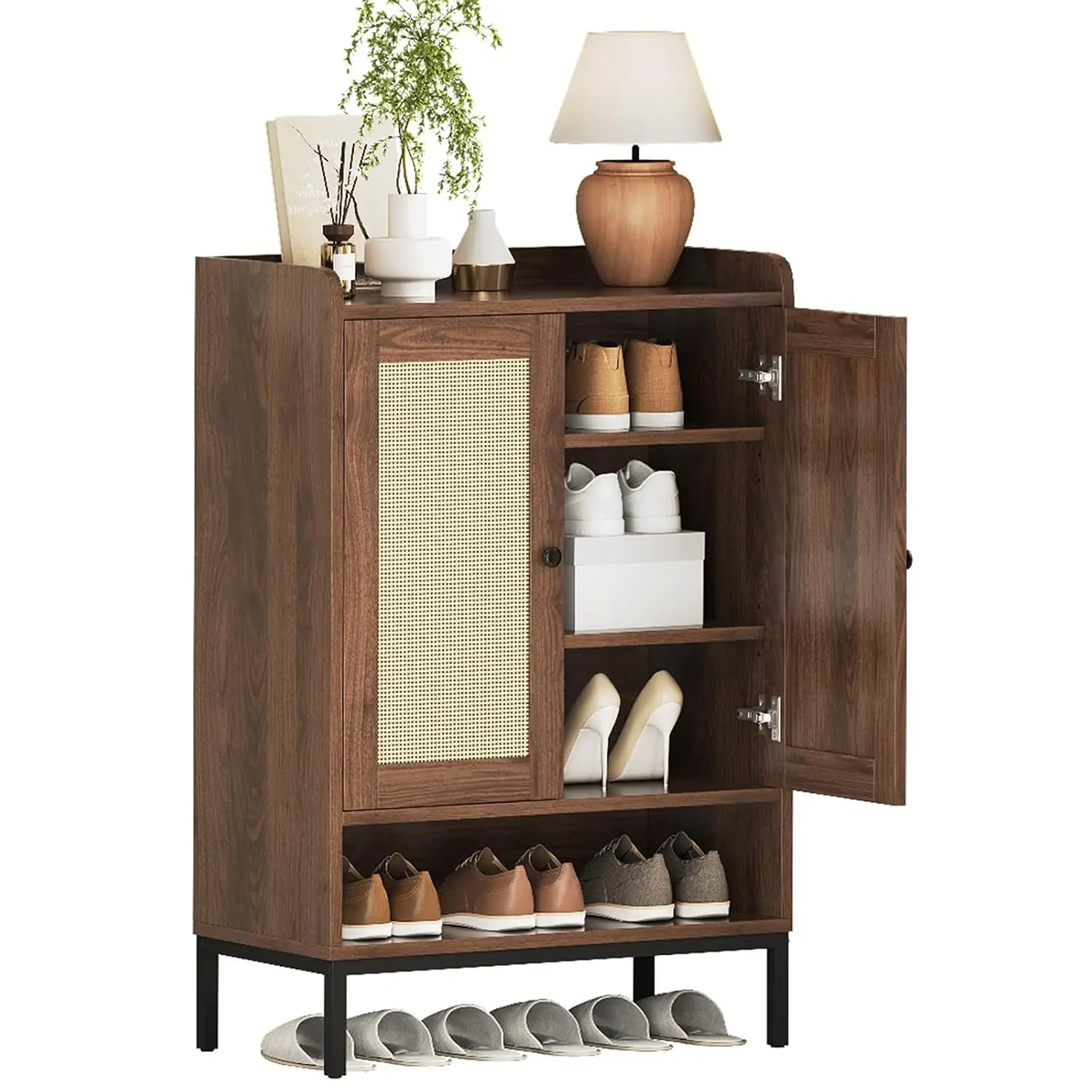 Rattan Shoe Cabinet with Doors Entryway Organizer Storage 2-Tier Wooden, Customized
