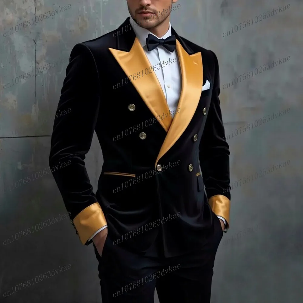 

Gold Collar Black Velvet Business Men Suit Groom Groomsman Wedding Party Prom Formal Male Tuxedos 2 Piece Set Blazer Pants