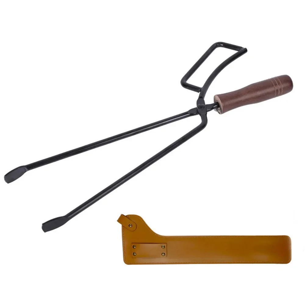 Barbecue Charcoal Clip Iron Wood Handle Anti-Scalding with Leather Cover Outdoor Camping BBQ Bonfire Stove Fireplace Fire Tongs