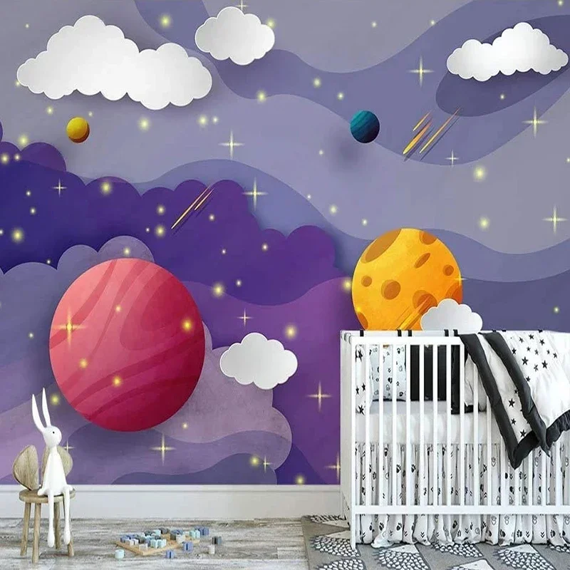 Custom Photo Wallpaper Nordic Ins 3D Hand-painted Stereoscopic Cartoon Space Planet For Children Bedroom Background Painting