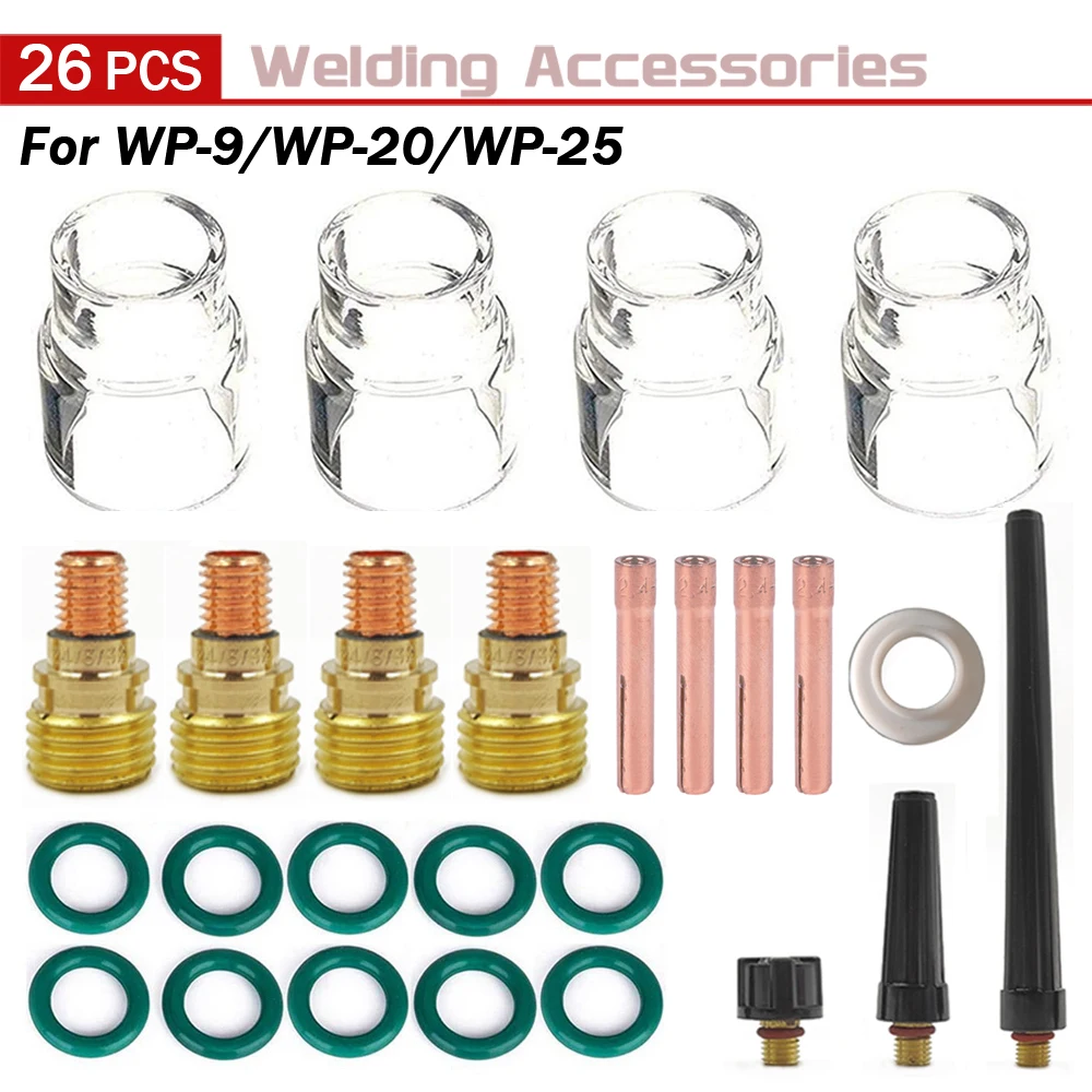 26pcs TIG Welding Torch Gas Lens #12 Glass Cup Back Cap Collet Body For WP-9 WP-20 WP-25 Series Tool Durable Accessories