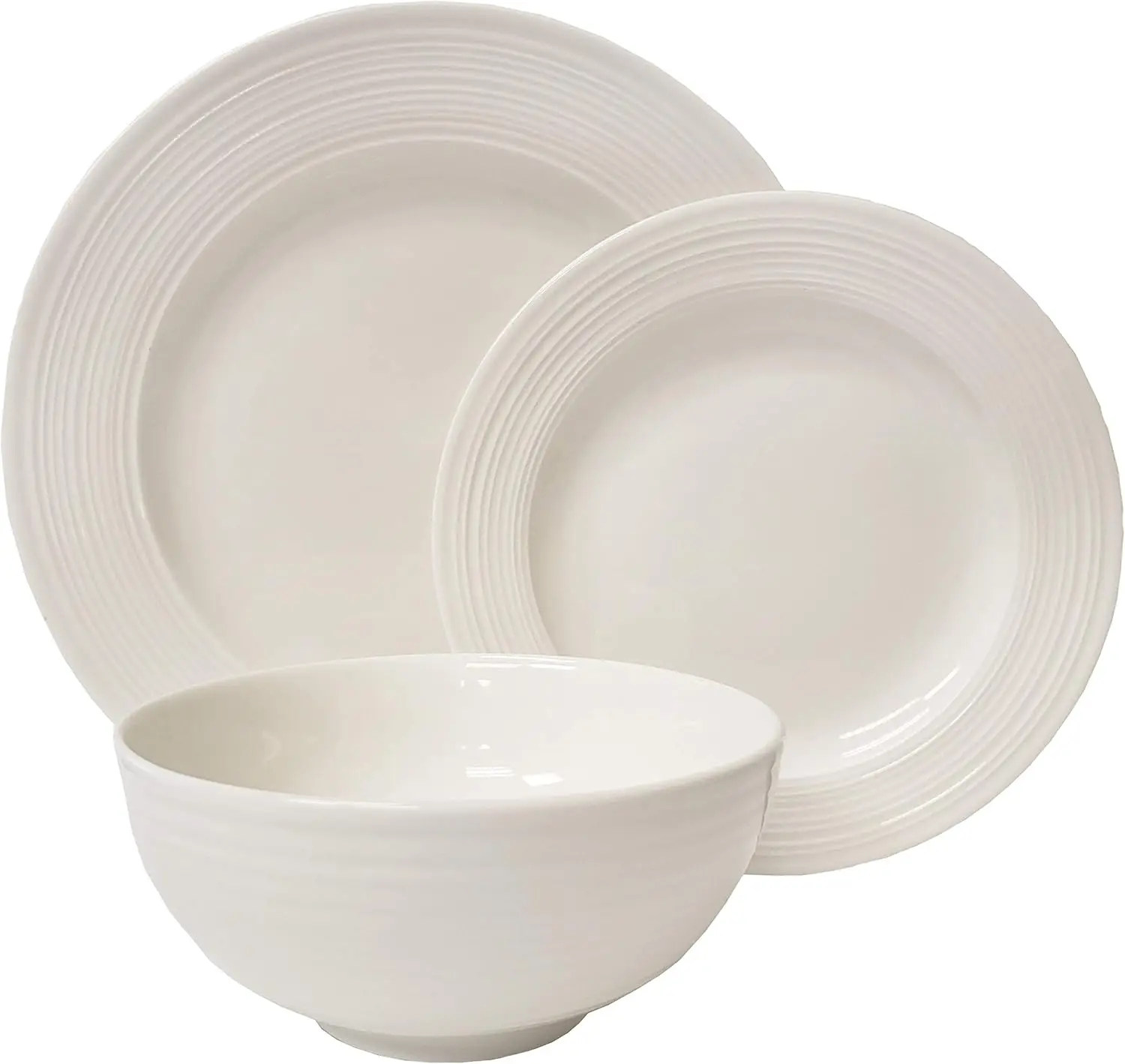 

Tabletops Gallery Embossed Bone White Porcelain Round Dinnerware Collection- Chip Resistant Scratch Resistant, Contempo 12 Piece