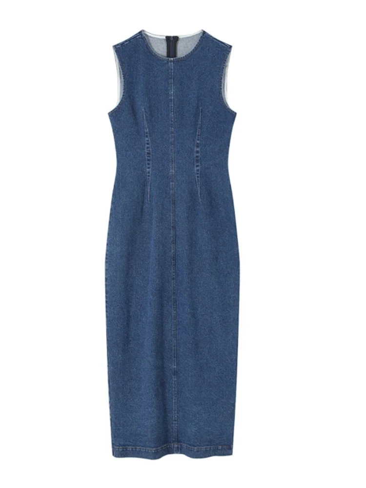 Robe mi-longue élégante, col rond, sans manches, cintrée à la taille, tendance, décontractée, vêtements de rue, nouvelle collection été 2025, pour femmes, coupe slim, en jean