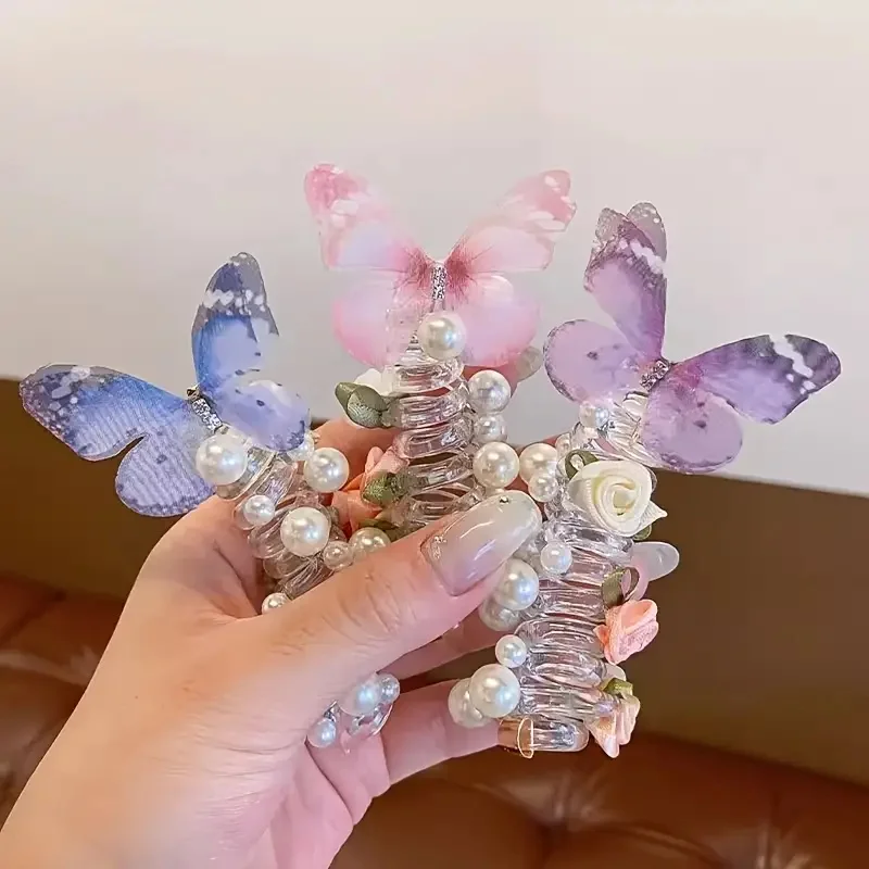 قطعتان من عصابة الرأس الشبكية على شكل فراشة للفتيات بتصميم دائري لطيف من اللؤلؤ والزهور مثالي لإكسسوارات الشعر اليومية والحفلات