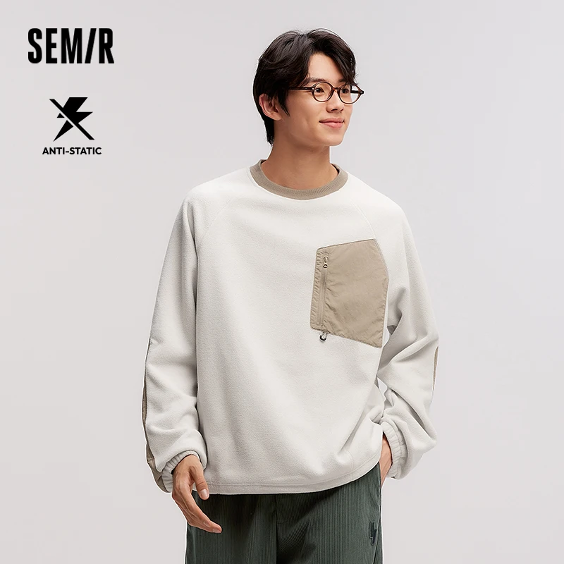 Semir Sweater Men Antistatic Polar Fleece 2024 Winter New Contrasting Colors Fashion Splicing Inner Wear Top Outdoor Style