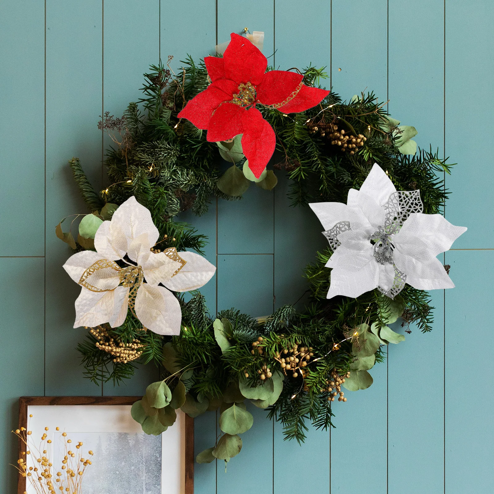 

15pcs Christmas Artificial Flowers for Decoration Wreath Cloth Faux Blossoms Glitter Festive Table Supplies